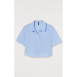 H&M Cropped Blue & White Striped Button-Up Shirt, 100%COTTON, SEMI SHEER, BEACH,